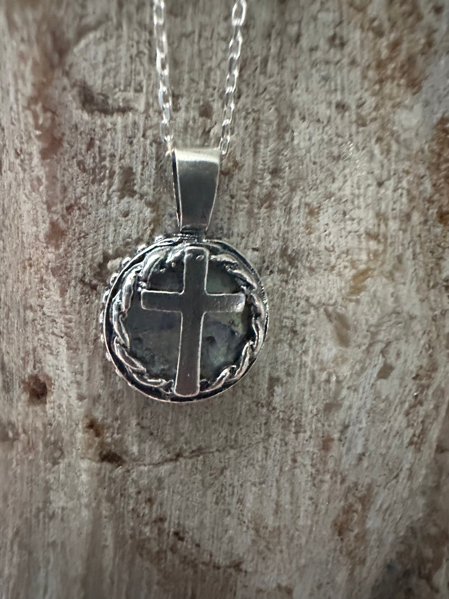 Ancient Roman Glass Cross & Round Braid Sterling Silver Necklace