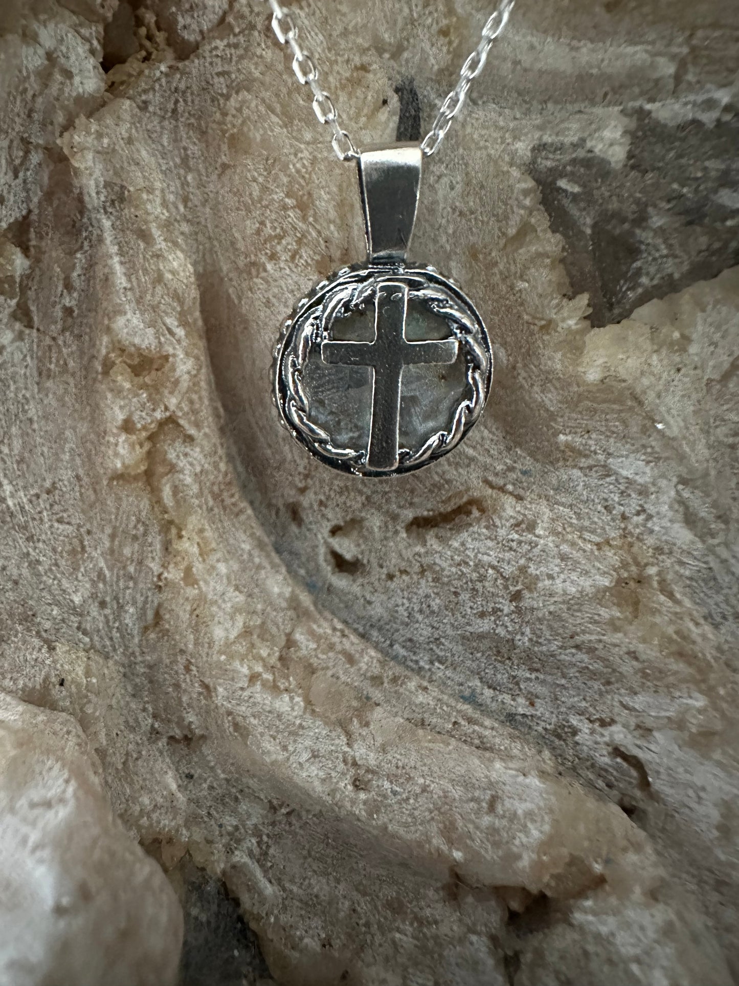 Ancient Roman Glass Cross & Round Braid Sterling Silver Necklace