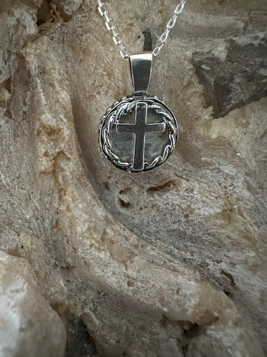Ancient Roman Glass Cross & Round Braid Sterling Silver Necklace