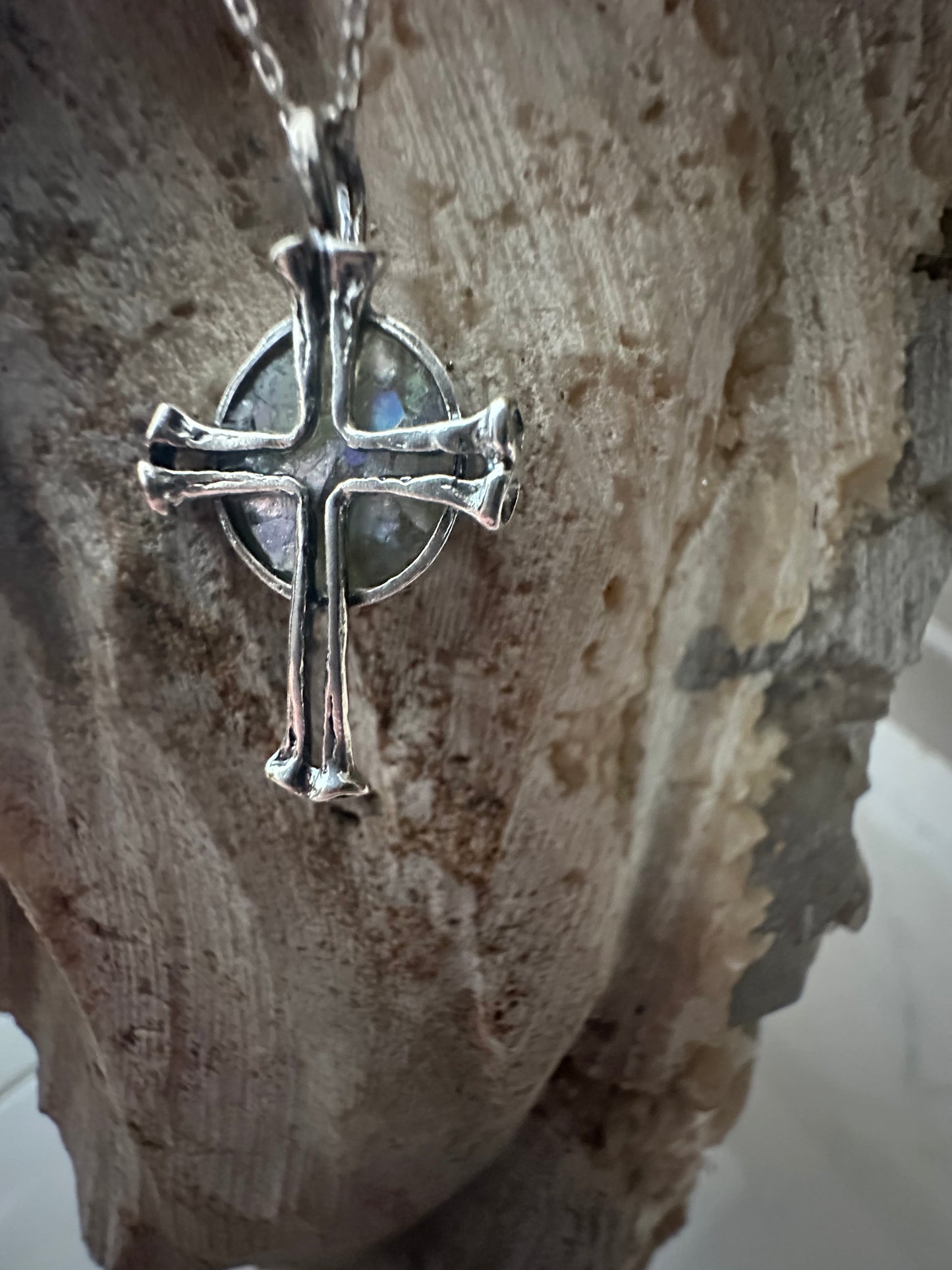 Ancient Roman Glass Round Cross Sterling Silver Necklace