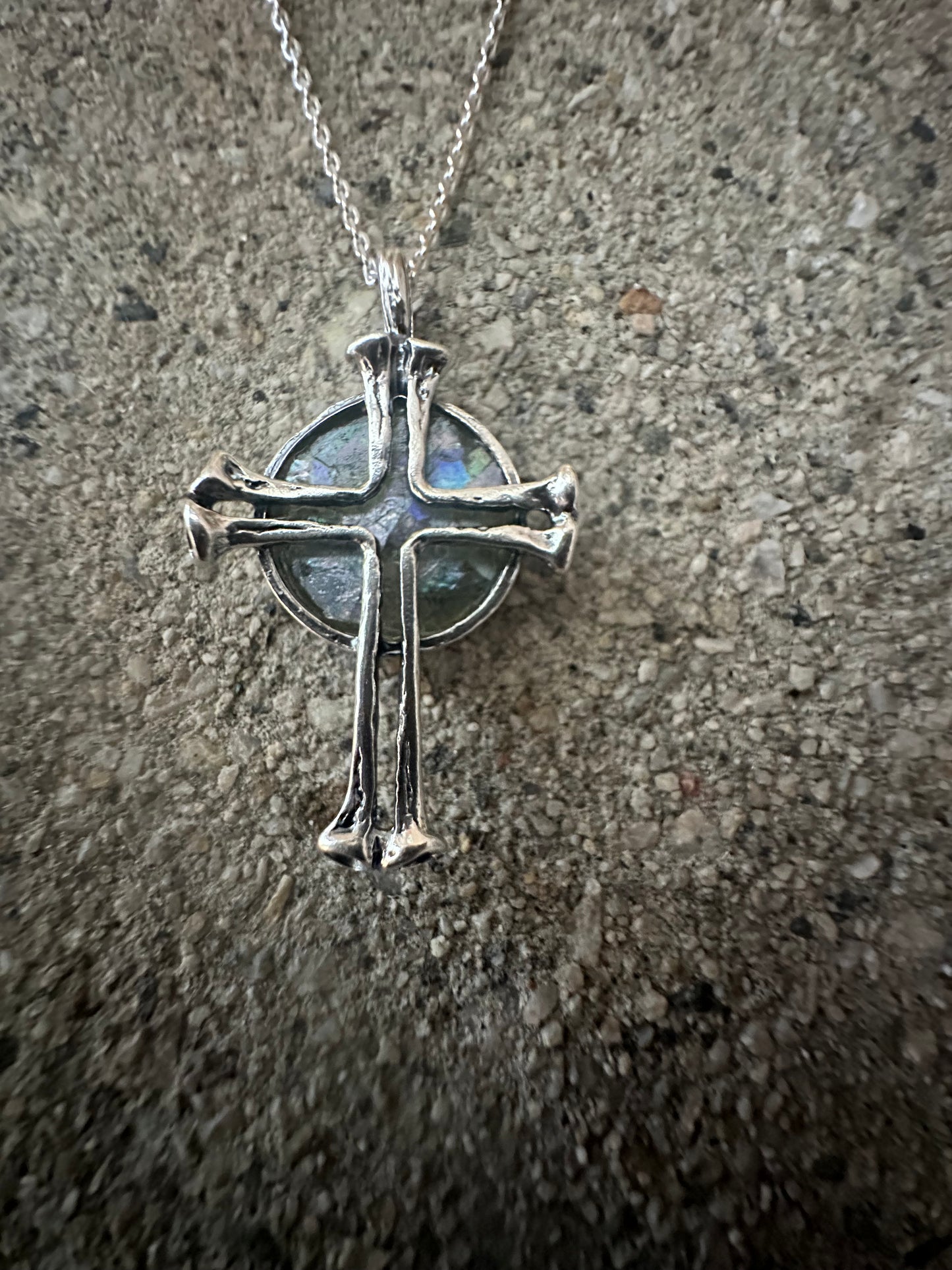 Ancient Roman Glass Round Cross Sterling Silver Necklace