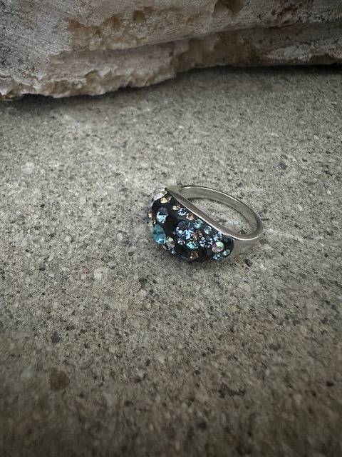 Blues & Tan Austrian Crystal Sterling Silver Ring