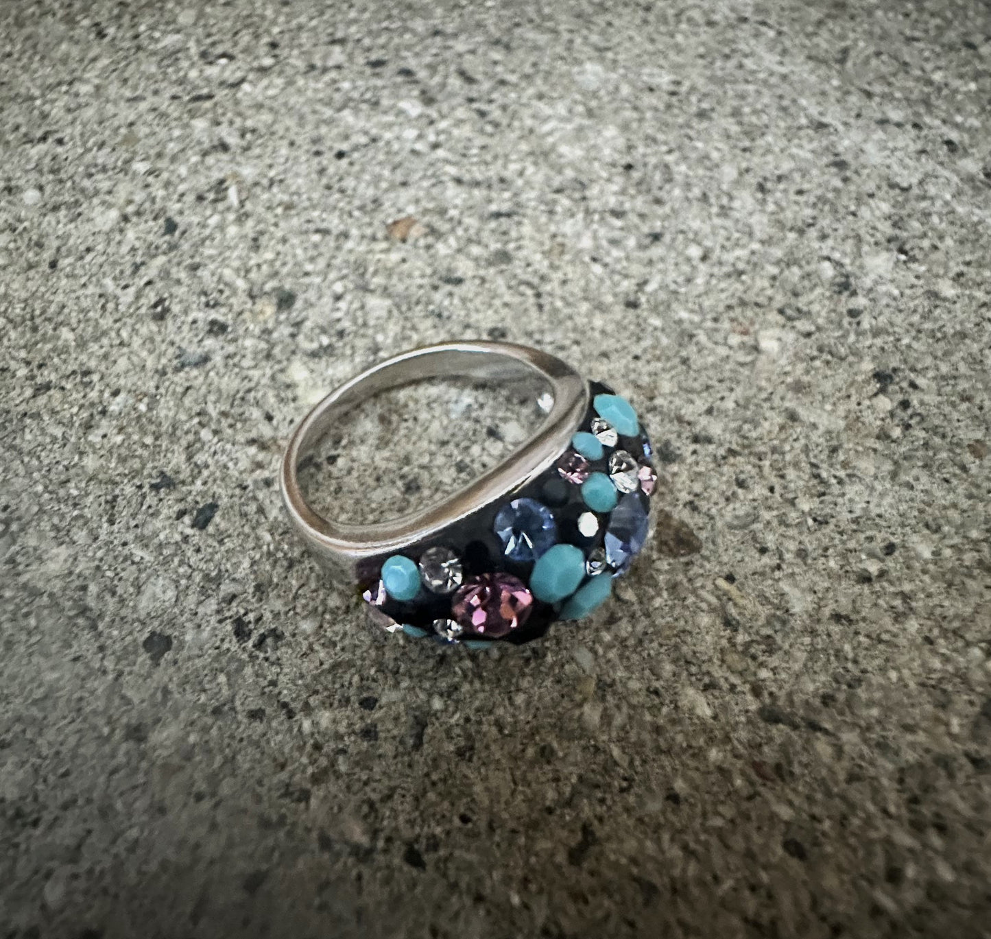 Black Turquoise Purple Austrian Crystal Sterling Silver Ring