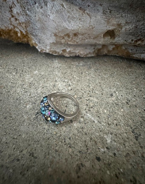 Blues & Tan Austrian Crystal Sterling Silver Ring