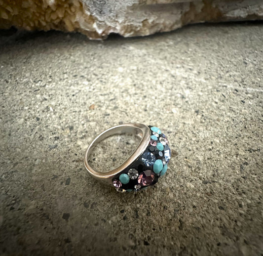 Black Turquoise Purple Austrian Crystal Sterling Silver Ring