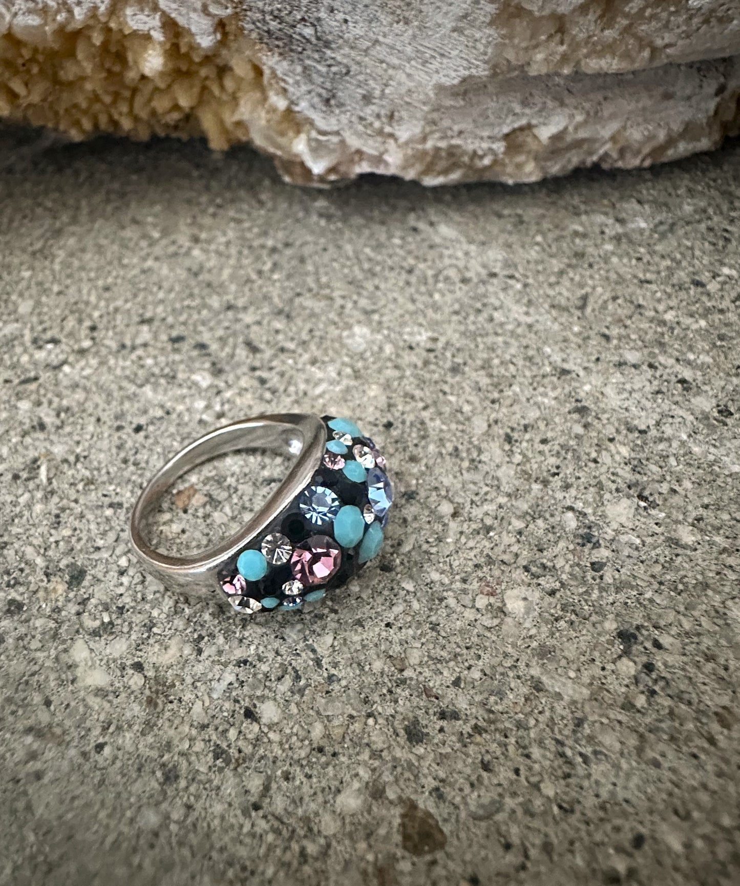 Black Turquoise Purple Austrian Crystal Sterling Silver Ring