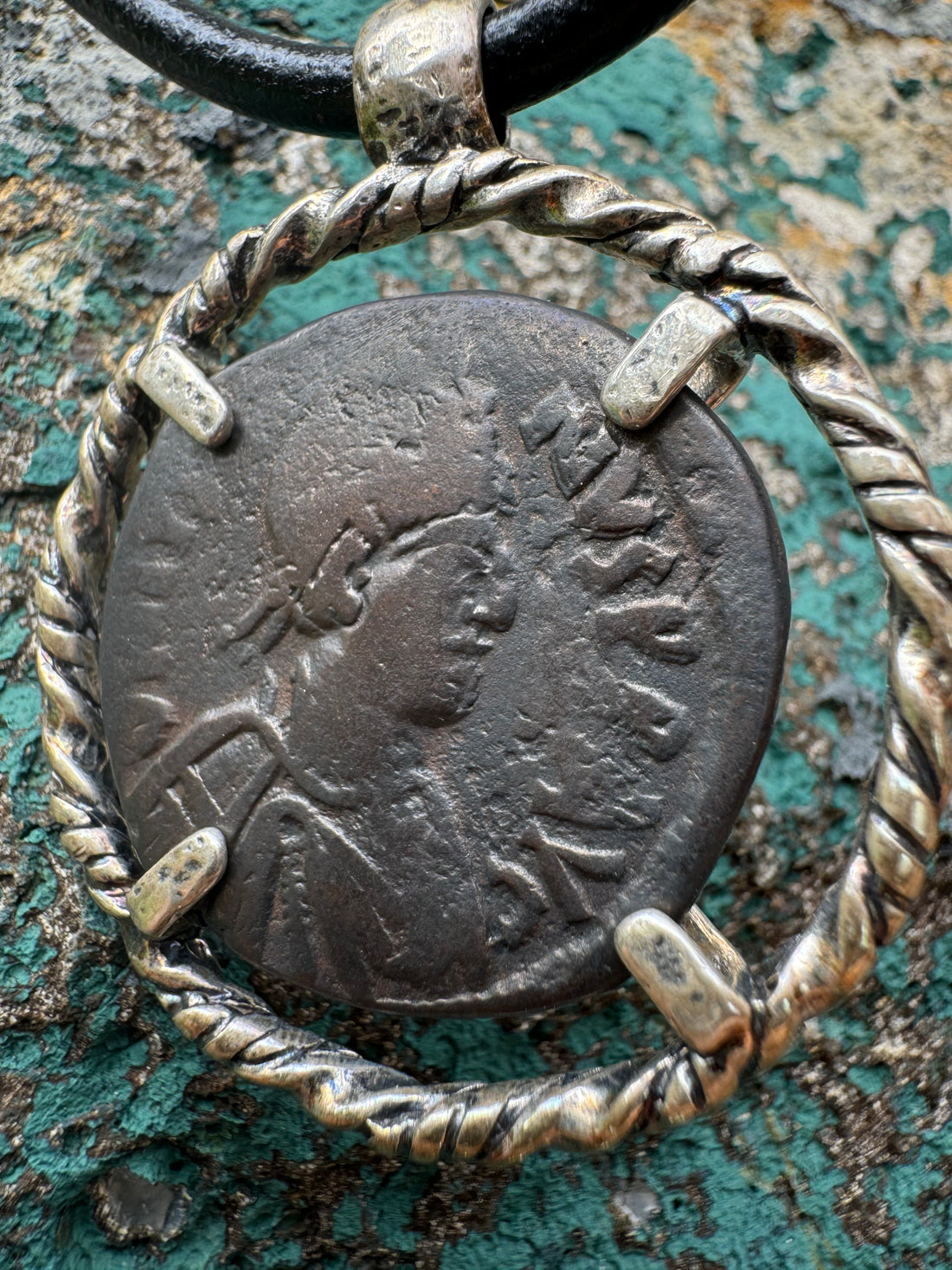 Big M Ancient Roman Coin Round Leather Necklace