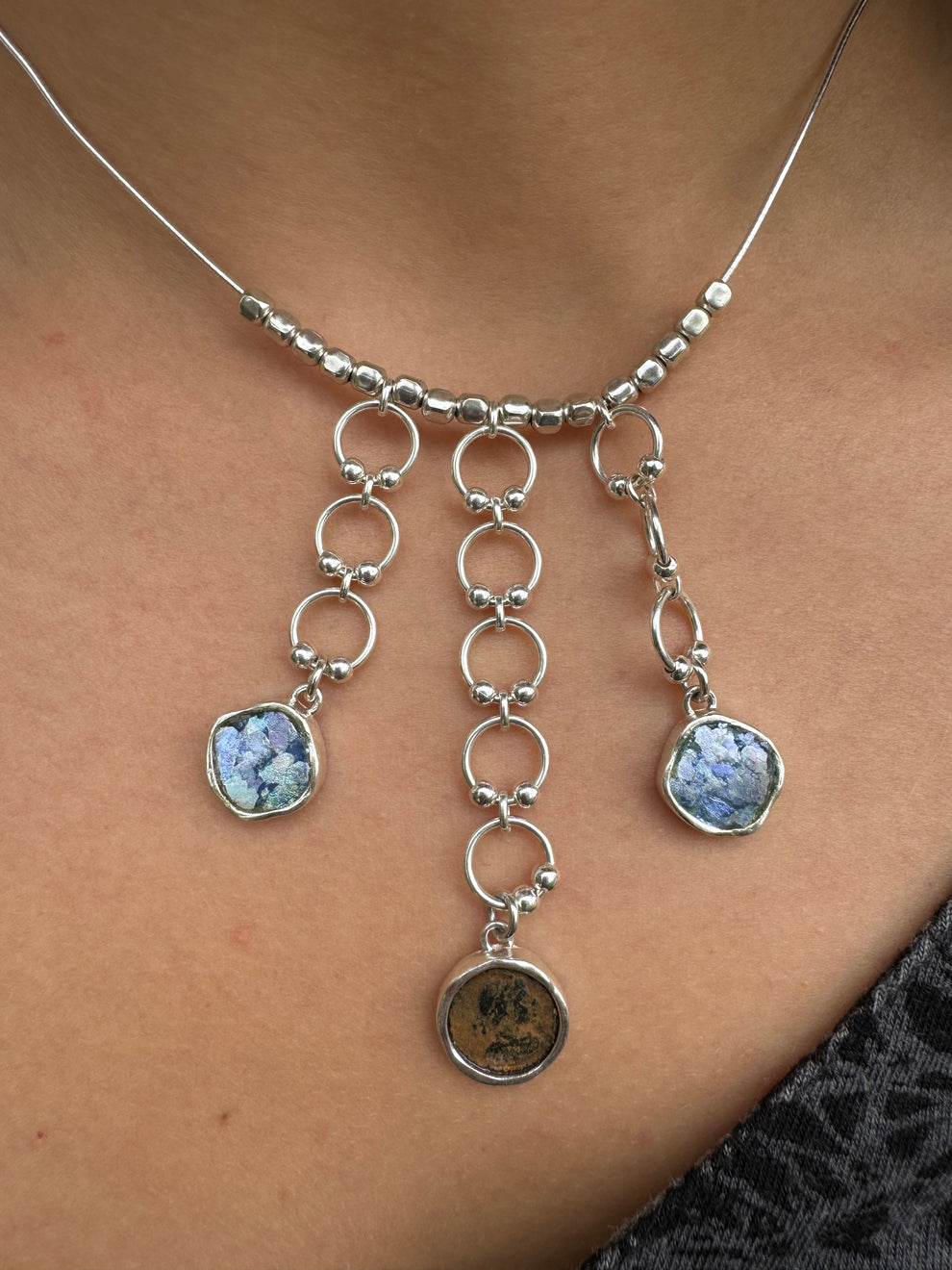 Ancient Roman Glass & Roman Coin Sterling Silver Necklace