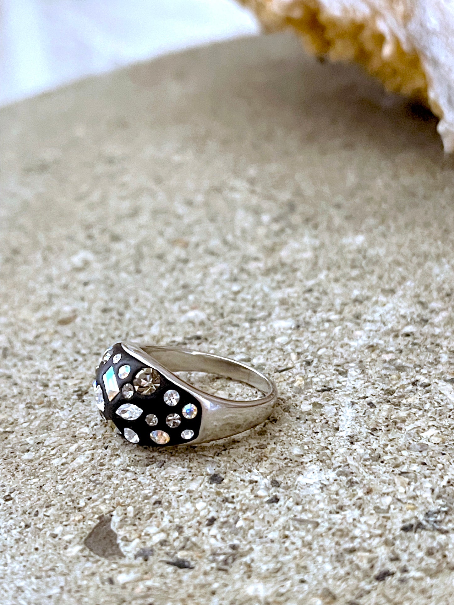 Clear Austrian Crystal on Black Sterling Silver Ring