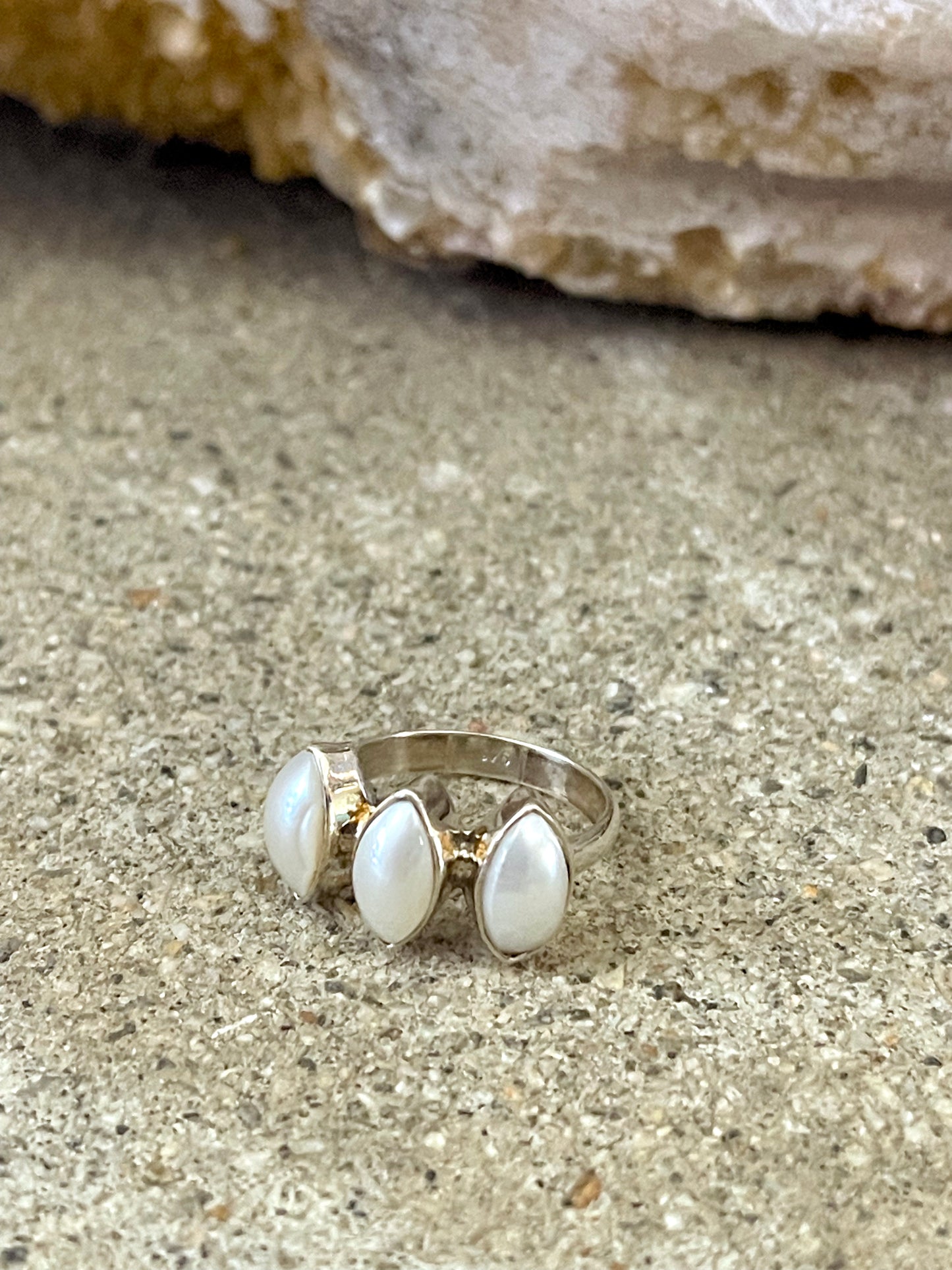 3 Marquise Pearls Sterling Silver Ring