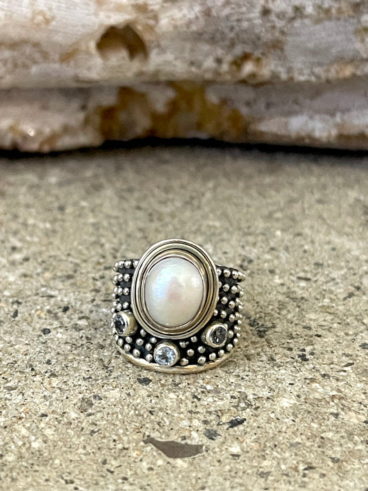 Wide Pearl & 3 Blue Topaz Sterling Silver Ring