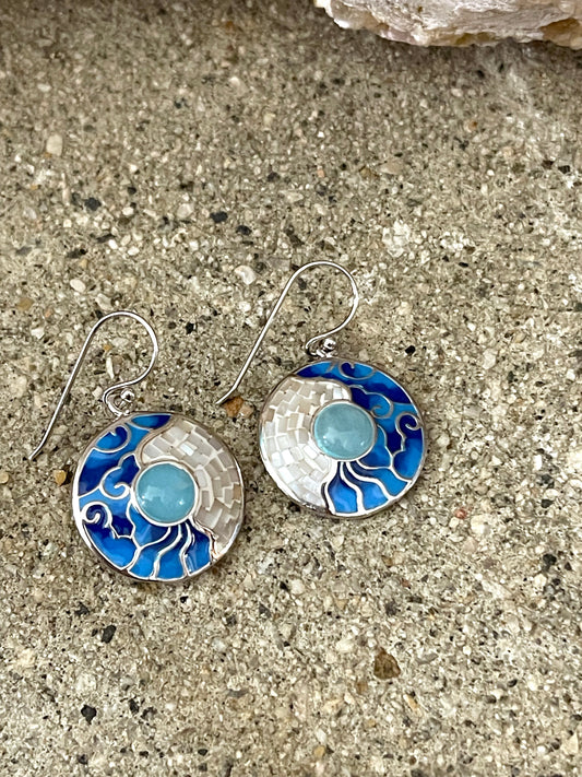 Blue and White Mosaic with Aquamarine Sterling Silver with Rhodium Plating Earrings