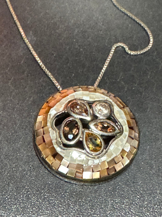 Brown White Mother of Pearl Mosaic Necklace