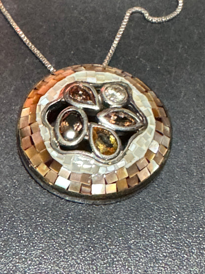 Brown White Mother of Pearl Mosaic Necklace