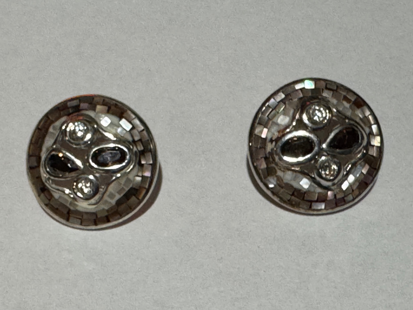 Round Brown and White Mother of Pearl and CZ Post Sterling Silver Earrings