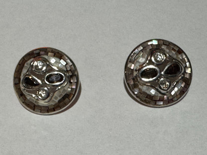 Round Brown and White Mother of Pearl and CZ Post Sterling Silver Earrings