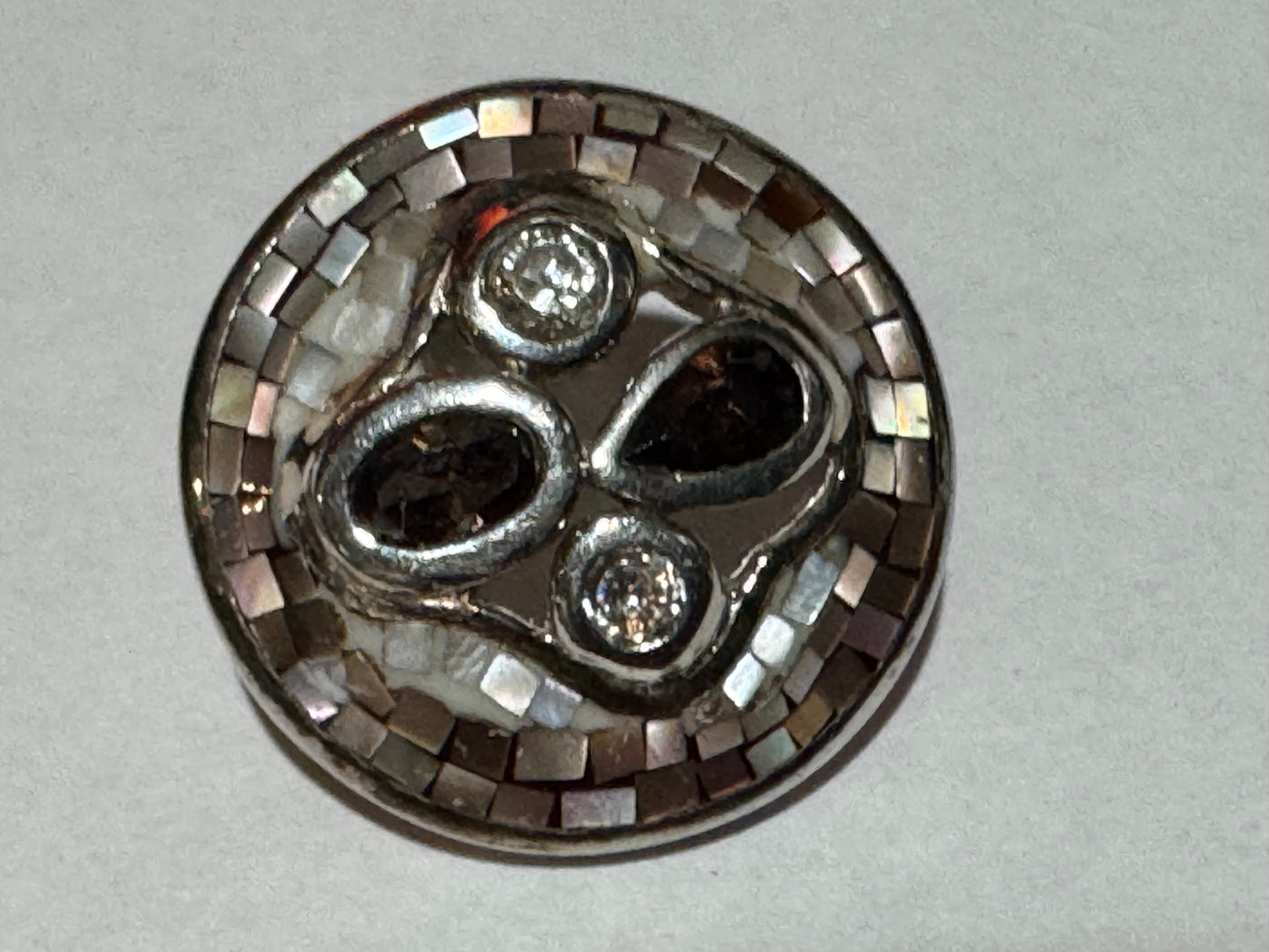 Round Brown and White Mother of Pearl and CZ Post Sterling Silver Earrings