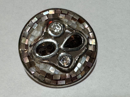 Round Brown and White Mother of Pearl and CZ Post Sterling Silver Earrings