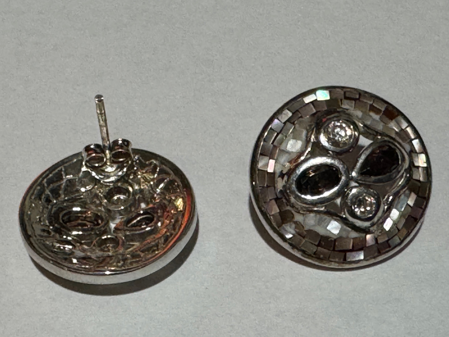 Round Brown and White Mother of Pearl and CZ Post Sterling Silver Earrings