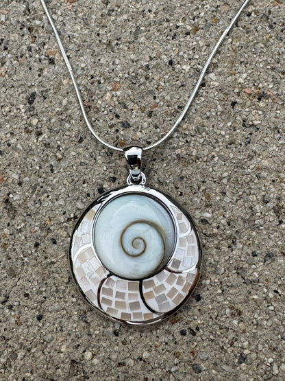 BIG 'EYE OF SHIVA 'WHITE MOTHER OF PEARL ON STERLING SILVER NECKLACE