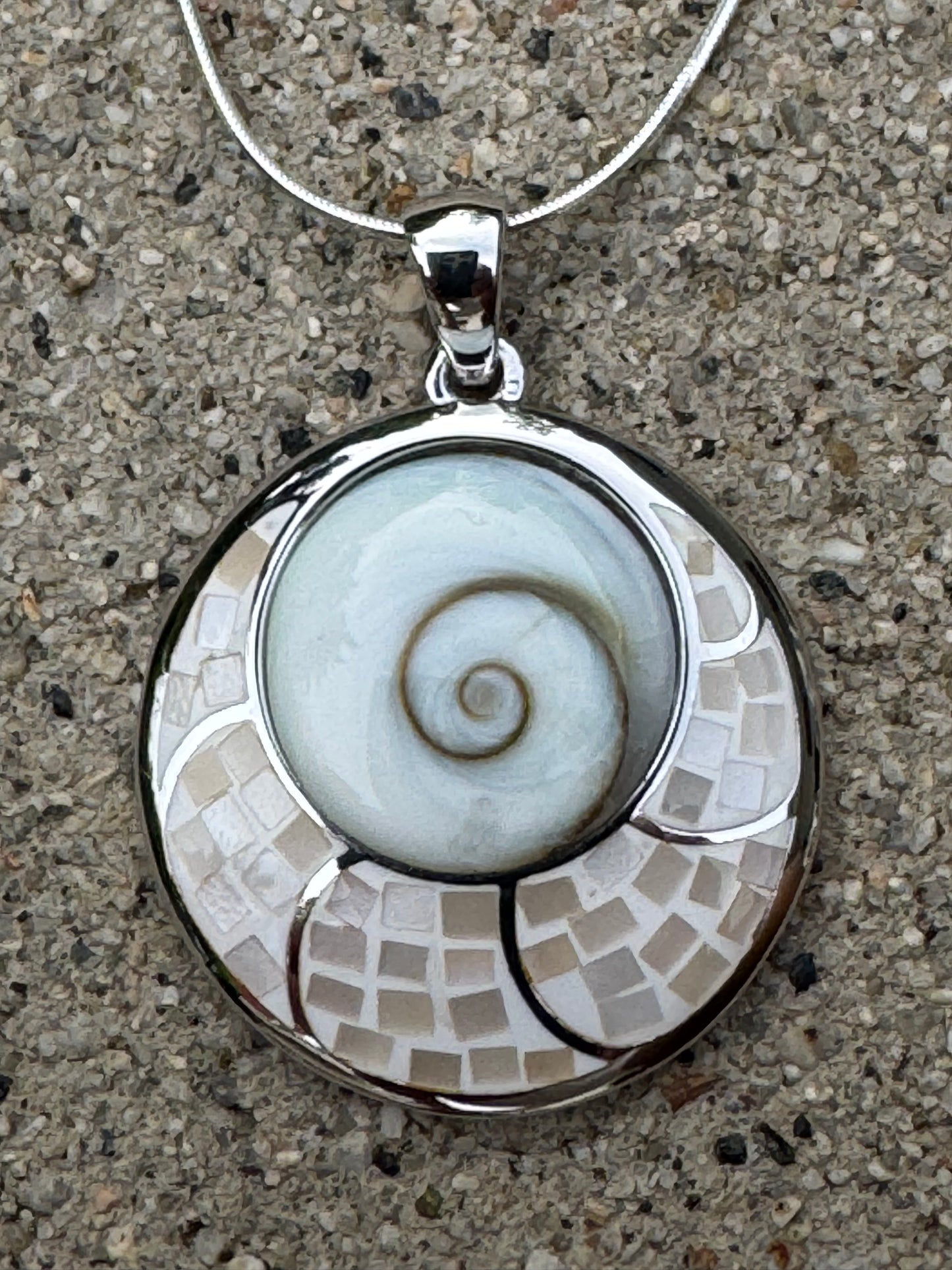 BIG 'EYE OF SHIVA 'WHITE MOTHER OF PEARL ON STERLING SILVER NECKLACE
