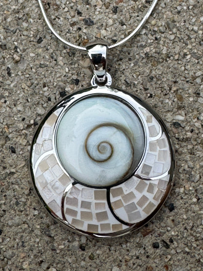 BIG 'EYE OF SHIVA 'WHITE MOTHER OF PEARL ON STERLING SILVER NECKLACE
