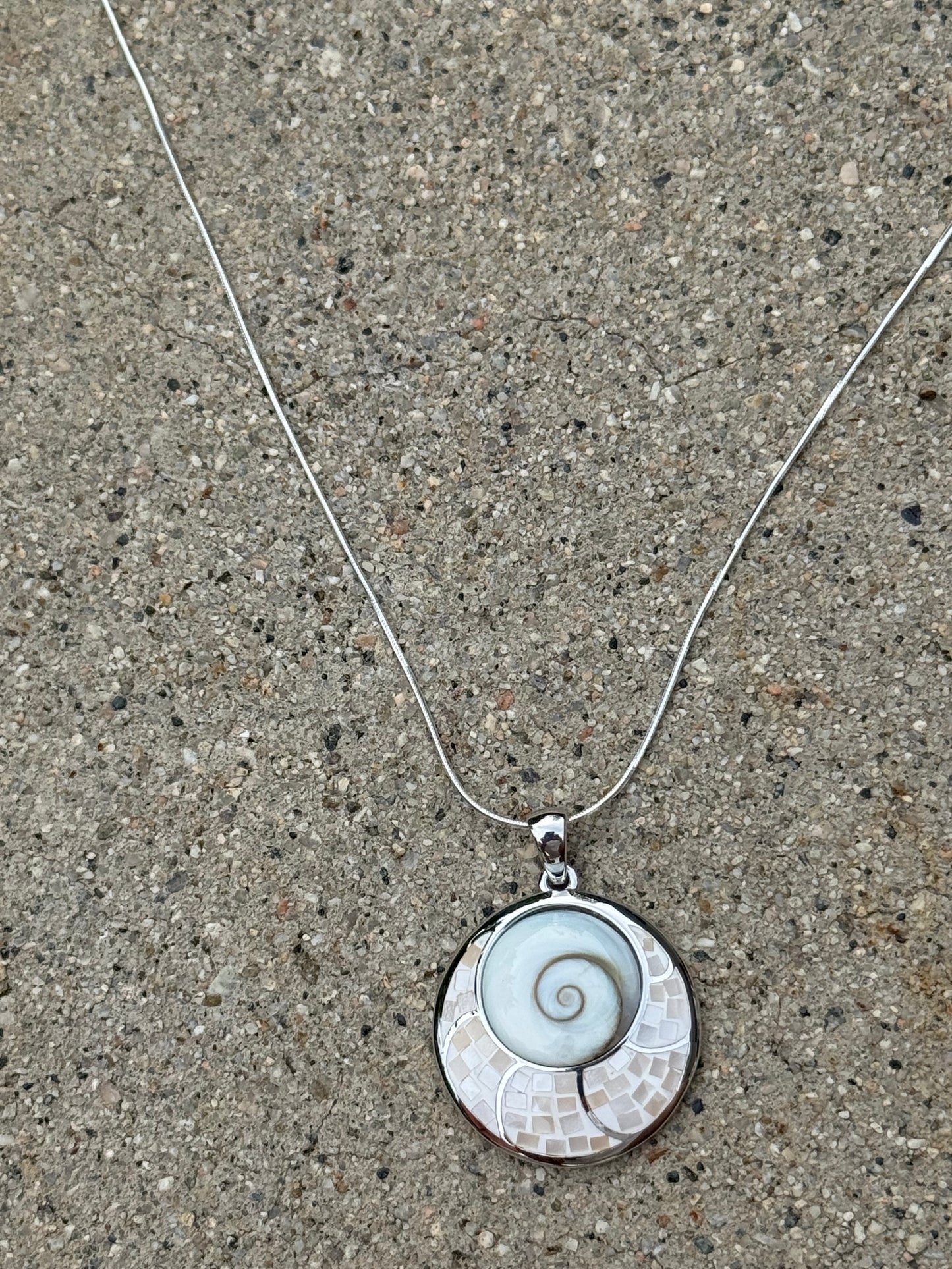 BIG 'EYE OF SHIVA 'WHITE MOTHER OF PEARL ON STERLING SILVER NECKLACE