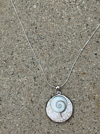 BIG 'EYE OF SHIVA 'WHITE MOTHER OF PEARL ON STERLING SILVER NECKLACE