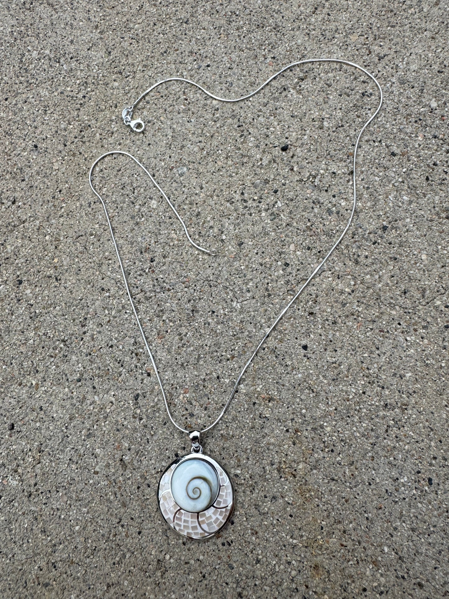 BIG 'EYE OF SHIVA 'WHITE MOTHER OF PEARL ON STERLING SILVER NECKLACE