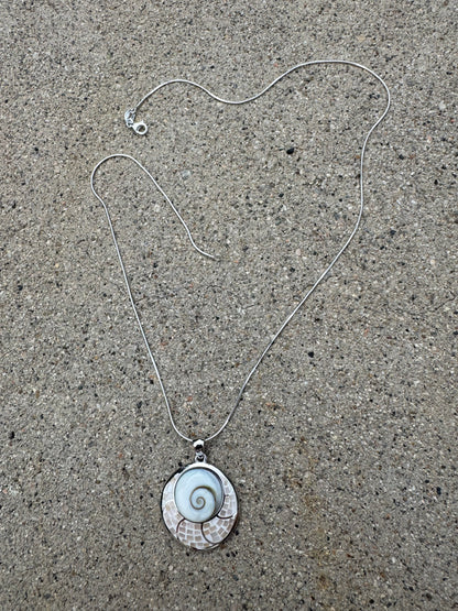 BIG 'EYE OF SHIVA 'WHITE MOTHER OF PEARL ON STERLING SILVER NECKLACE