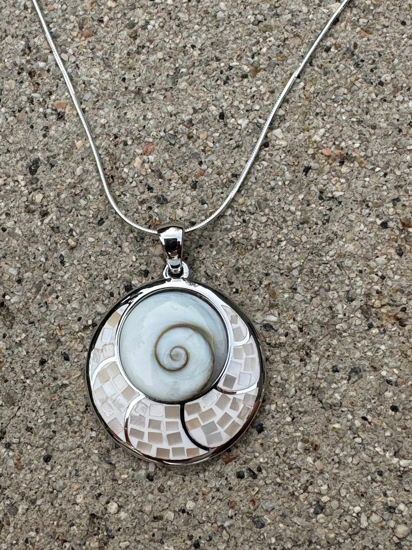 BIG 'EYE OF SHIVA 'WHITE MOTHER OF PEARL ON STERLING SILVER NECKLACE