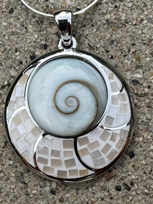 BIG 'EYE OF SHIVA 'WHITE MOTHER OF PEARL ON STERLING SILVER NECKLACE
