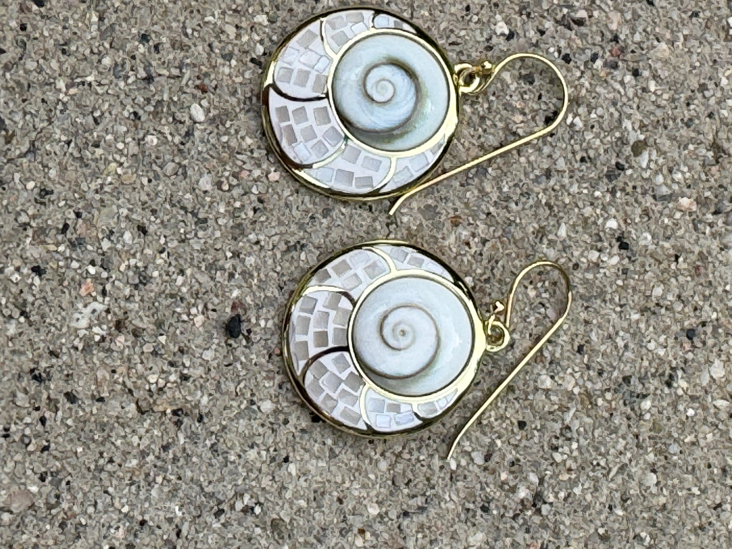 WHITE "EYE OF SHIVA"MOTHER OF PEARL MOSAIC GOLD PLATED OVER STERLING EARRINGS EARRINGS