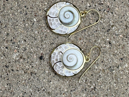WHITE "EYE OF SHIVA"MOTHER OF PEARL MOSAIC GOLD PLATED OVER STERLING EARRINGS EARRINGS
