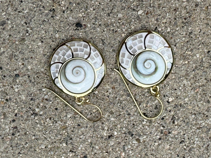 WHITE "EYE OF SHIVA"MOTHER OF PEARL MOSAIC GOLD PLATED OVER STERLING EARRINGS EARRINGS