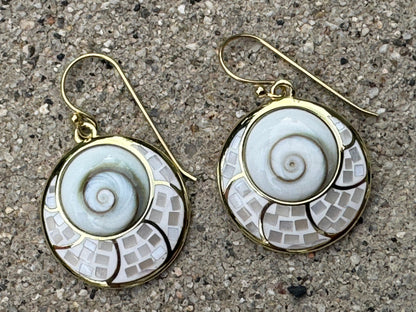WHITE "EYE OF SHIVA"MOTHER OF PEARL MOSAIC GOLD PLATED OVER STERLING EARRINGS EARRINGS