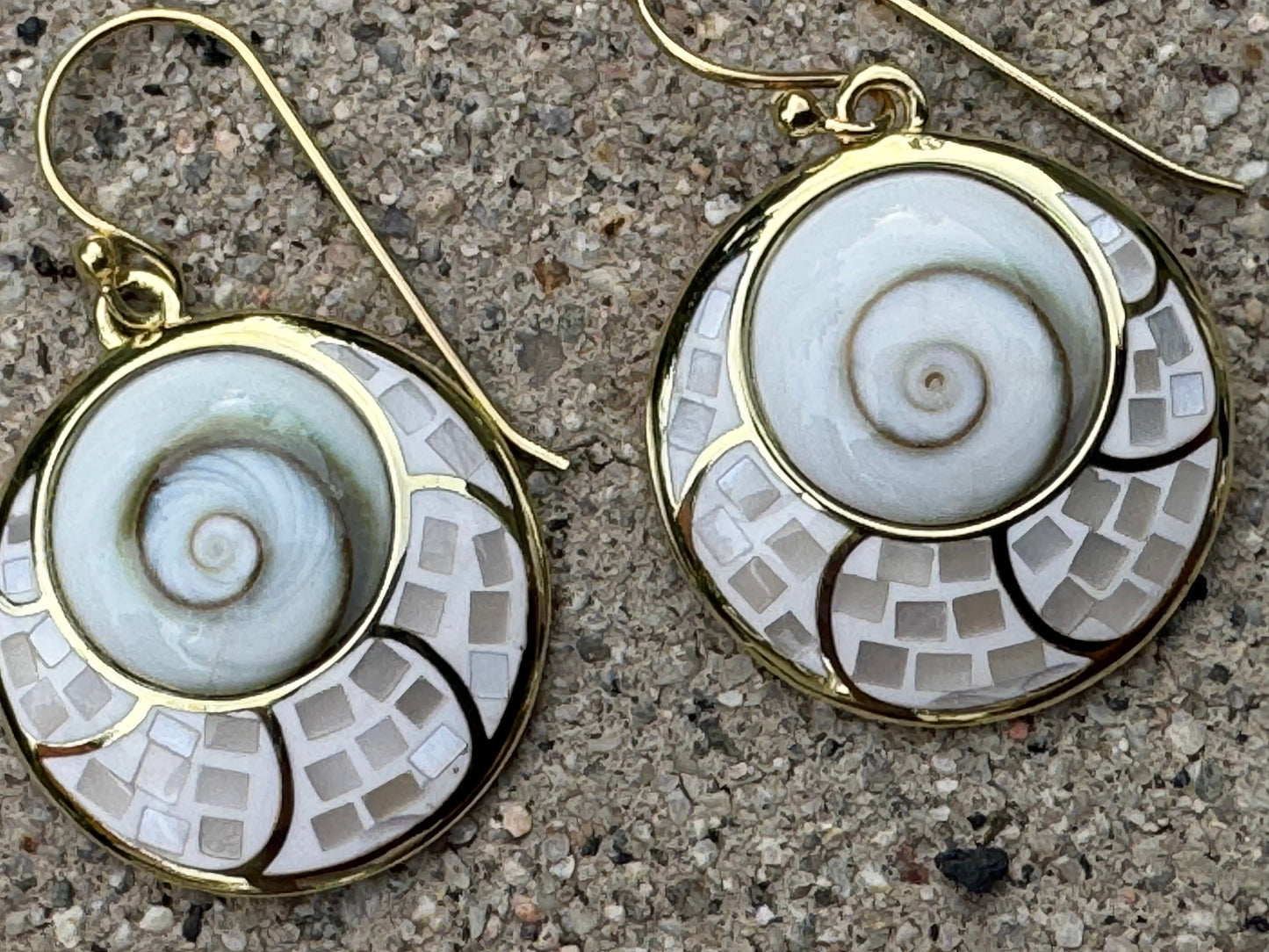 WHITE "EYE OF SHIVA"MOTHER OF PEARL MOSAIC GOLD PLATED OVER STERLING EARRINGS EARRINGS