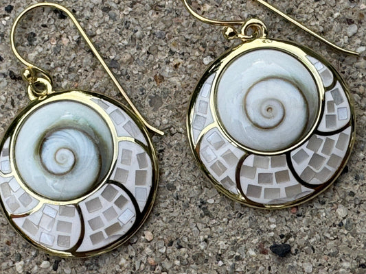 WHITE "EYE OF SHIVA"MOTHER OF PEARL MOSAIC GOLD PLATED OVER STERLING EARRINGS EARRINGS