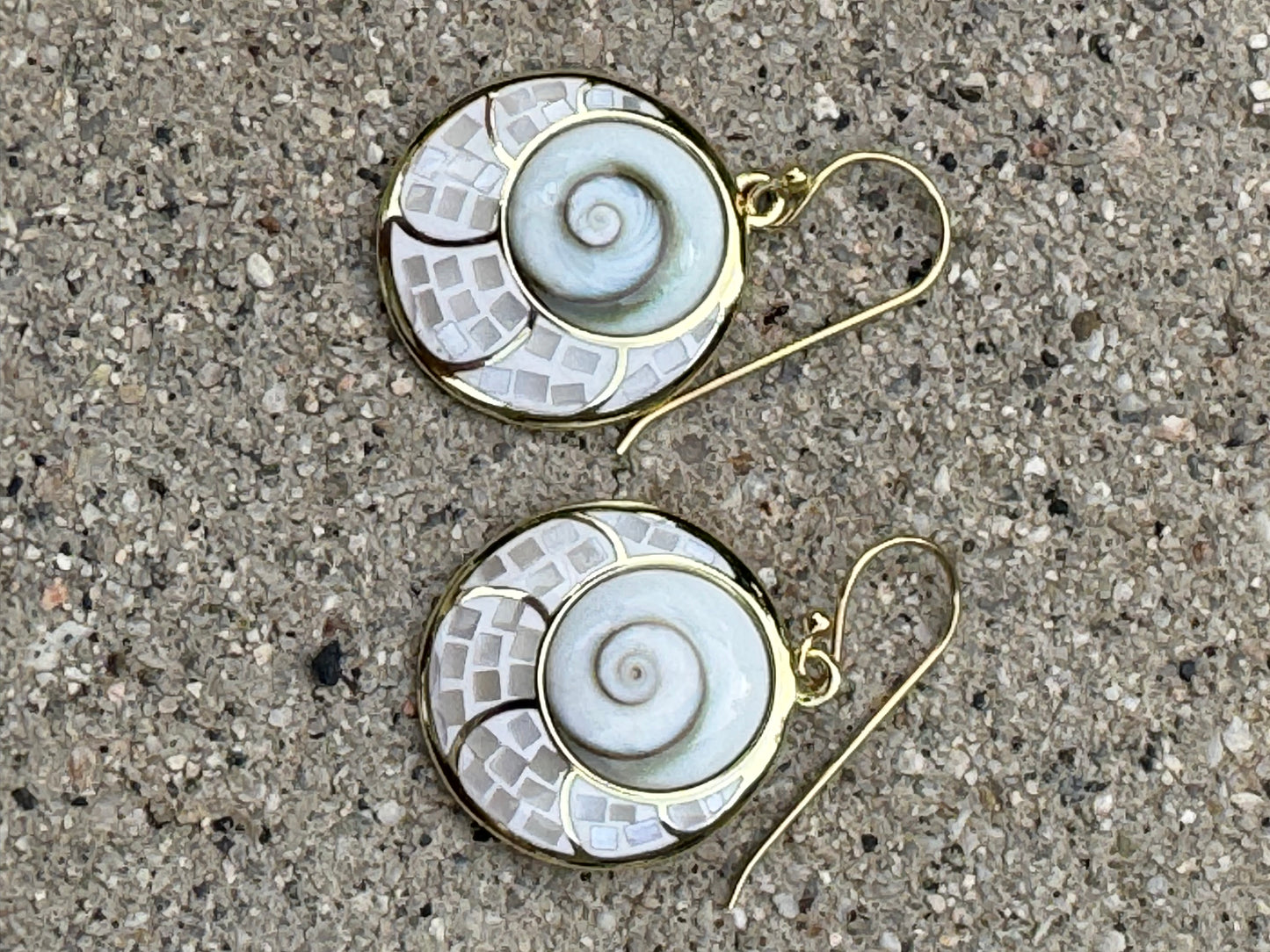 WHITE "EYE OF SHIVA"MOTHER OF PEARL MOSAIC GOLD PLATED OVER STERLING EARRINGS EARRINGS