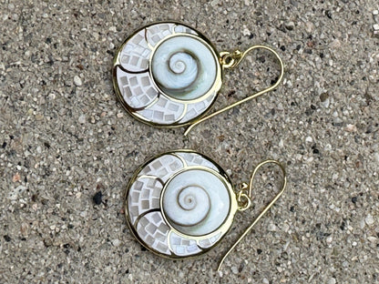 WHITE "EYE OF SHIVA"MOTHER OF PEARL MOSAIC GOLD PLATED OVER STERLING EARRINGS EARRINGS