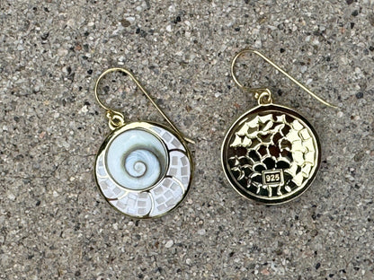 WHITE "EYE OF SHIVA"MOTHER OF PEARL MOSAIC GOLD PLATED OVER STERLING EARRINGS EARRINGS