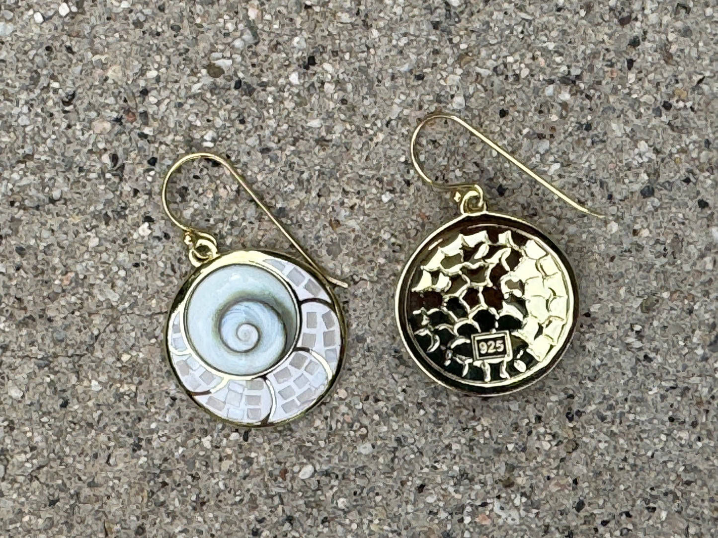 WHITE "EYE OF SHIVA"MOTHER OF PEARL MOSAIC GOLD PLATED OVER STERLING EARRINGS EARRINGS