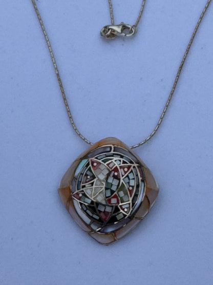 Multi-color Mother of Pearl Mosaic Sterling Necklace