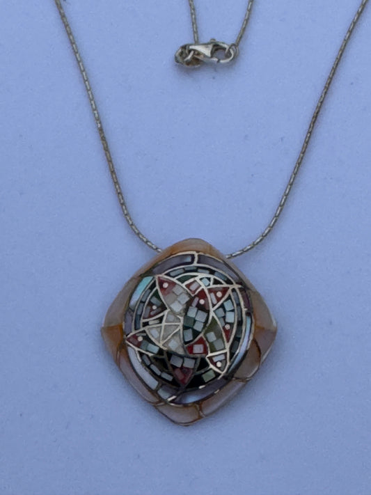 multi color mother of pearl mosaic sterling necklace