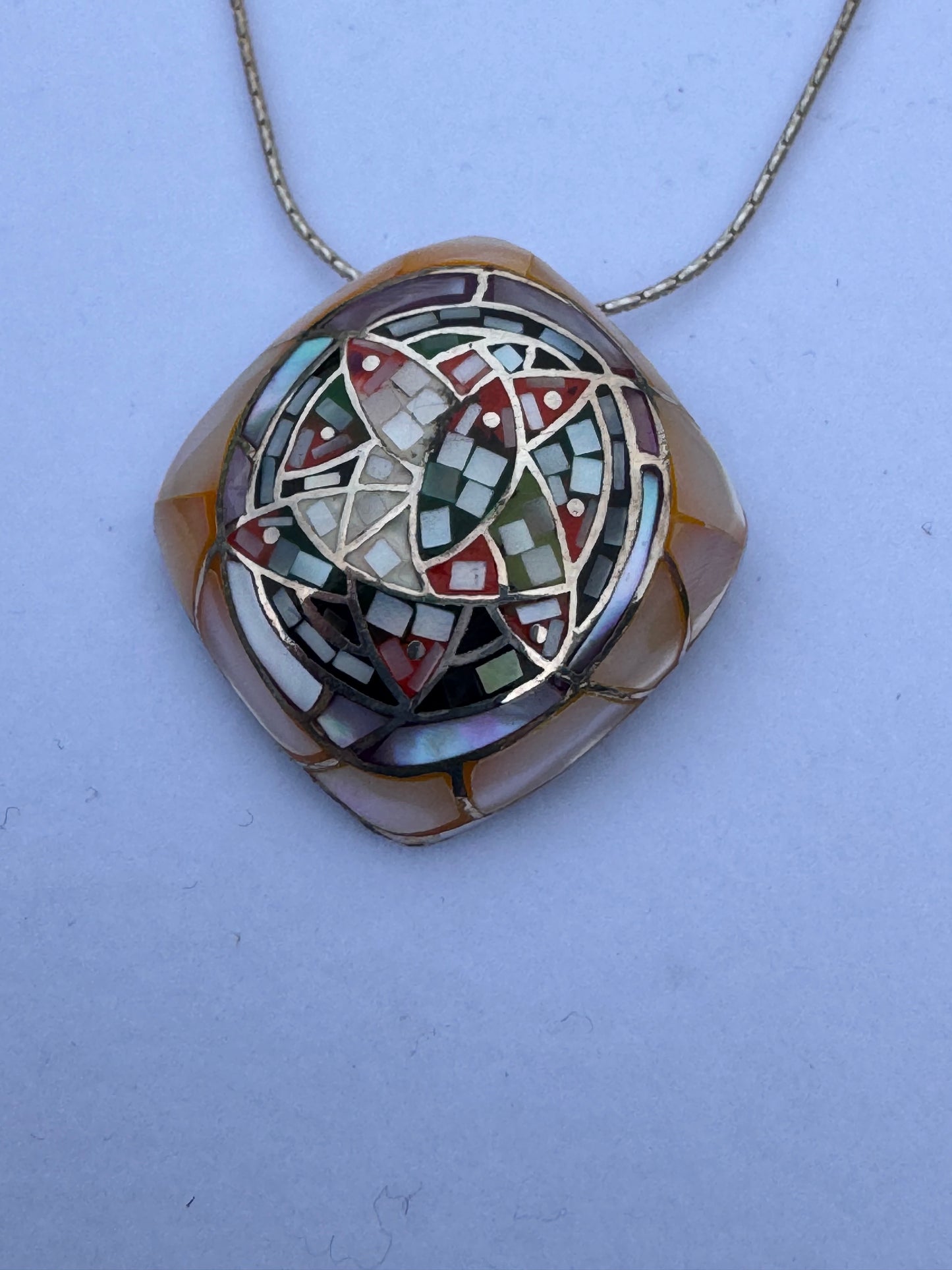 Multi-color Mother of Pearl Mosaic Sterling Necklace
