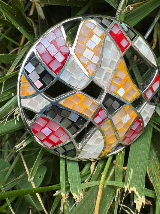 round multi color mother of pearl  mosaice sterling necklace