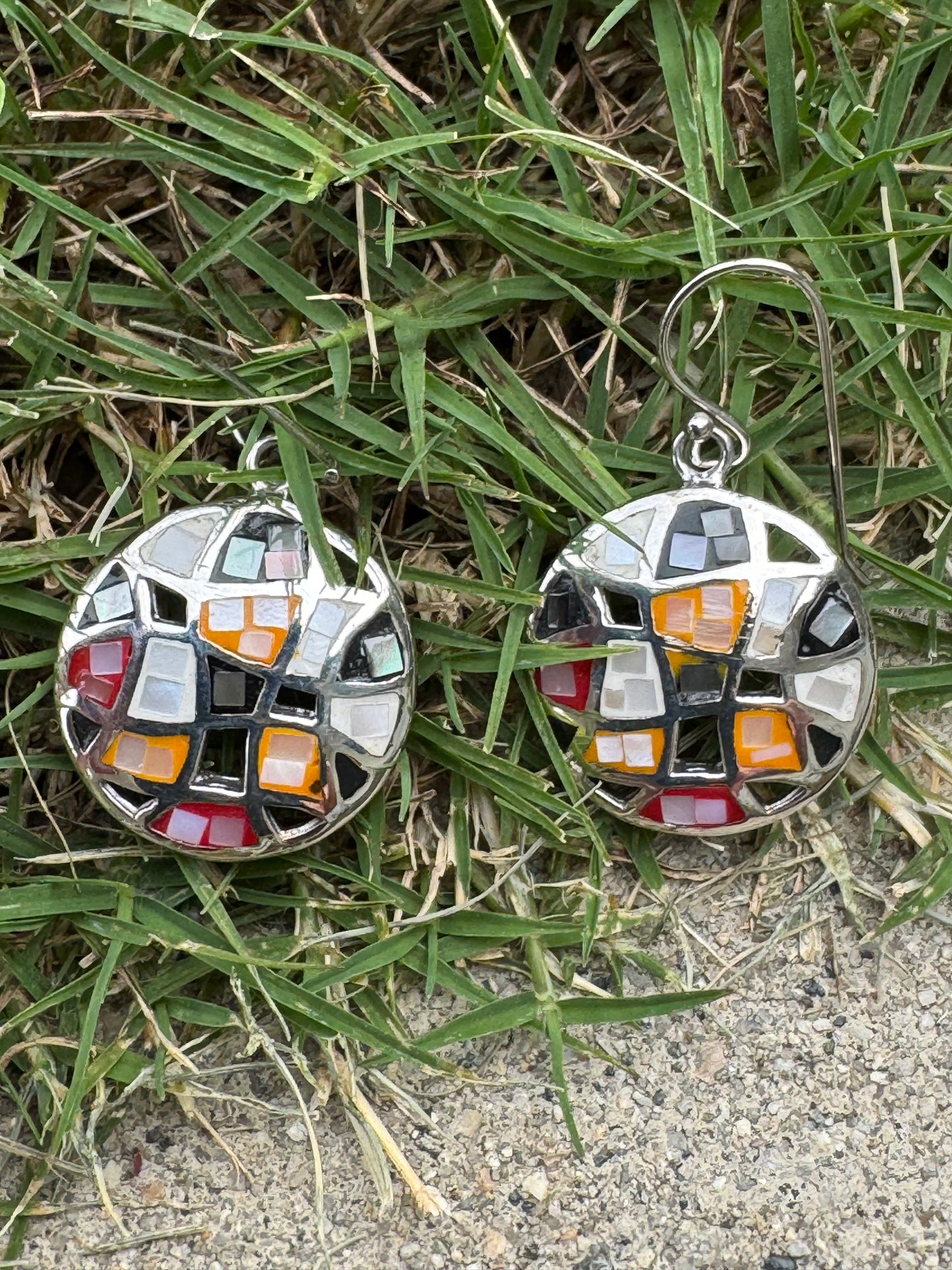 Small Round Multi-color Mosaic Sterling Earrings