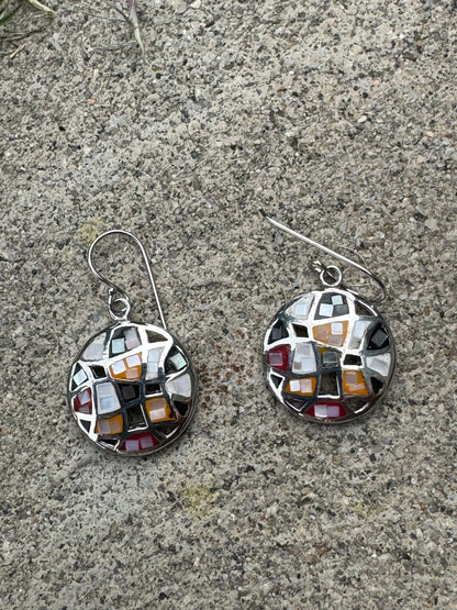 Small Round Multi-color Mosaic Sterling Earrings