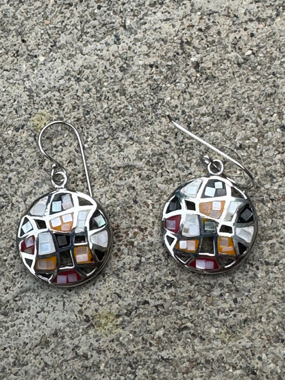 Small Round Multi-color Mosaic Sterling Earrings