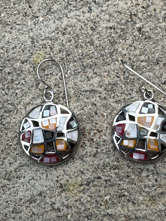 small round multi color mosaice sterling earrings